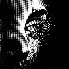 A minimalistic grayscale abstract close-up image of a woman's eye. A silhouette of dots and particles. A beautiful graphic half-tone woman portrait. Elegant design for printing posters, advertising 