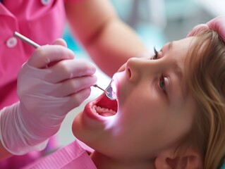 A dental hygienist applying fluoride varnish to a child's teeth for cavity prevention - obrazy, fototapety, plakaty