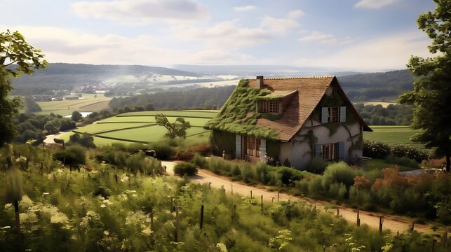 harmonious blend of rustic charm and modern design in an AI-generated image of a countryside cottage, featuring a window framing a view of rolling hills and verdant landscapes