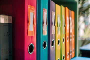 A row of colorful office folders, organizing and categorizing documents in a professional setting