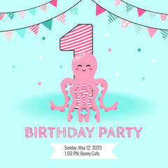 Birthday invitation with cute octopus