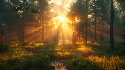 Spring Radiance: Illustration depicts setting sun casting warm light through dense forest.
