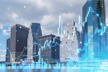 New York City skyline overlaid with futuristic digital financial graphs, concept of finance and business technology on urban background. Double exposure