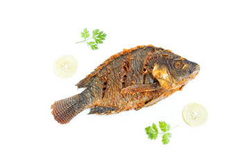 Fried nile tilapia fish with lemon sliced and coriander leaves  isolated on white background, Nile tilapia fish