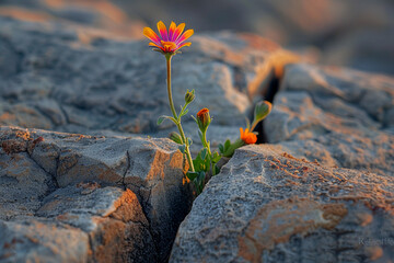 Imagine a close-up view of a tiny flower emerging from the crevice of a barren desert canyon,...