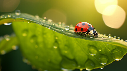 Obraz premium Gros plan, zoom macro sur une petite coccinelle sur une feuille. Goutte d'eau, rosée. Arrière-plan de flou dans la nature. Insecte, naturel. Pour conception et création graphique.