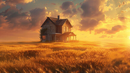 A charming country farmhouse surrounded by fields of golden wheat, its weathered facade bathed in the warm glow of the setting sun. - obrazy, fototapety, plakaty