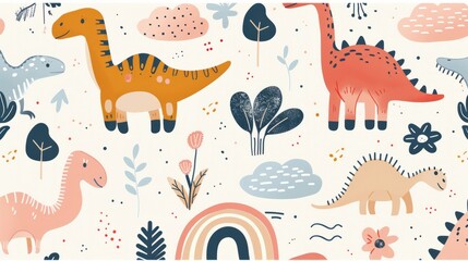 A cute kawaii design with dinosaurs, clouds, flowers, trees, rainbows and dinosaur patterns. Minimalistic illustration style similar to Crayon doodle drawing artwork