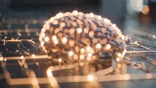 human brain, rotating slowly, encased in an electric aura of thought and innovation. wireframe model that glows with life and activity.