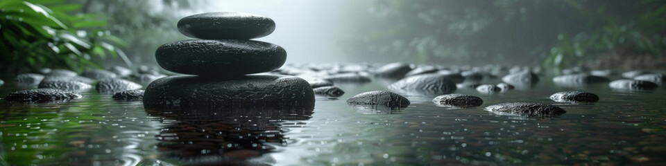 A stack of rocks placed on a flowing river, creating a temporary structure against the waters force