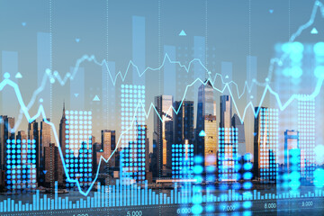 New York cityscape with a futuristic hologram of financial charts overlaid. Digital and urban...