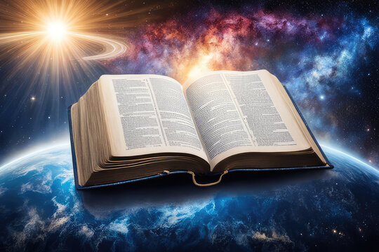 BIble Book of Creation with Fantasy and Magic Literature Religion Concept Open Learn Page Imagination Education Study Knowledge Wisdom Light Idea School Read Magical Universe Abstract Story Christian