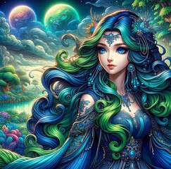 Dama fantasy con tonalità di smeraldo e zaffiro in un paesaggio celestiale mistico. Generative AI - obrazy, fototapety, plakaty