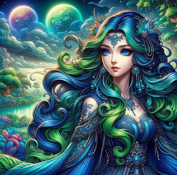 Dama fantasy con tonalit&agrave; di smeraldo e zaffiro in un paesaggio celestiale mistico. Generative AI