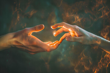 Human hands reaching towards each other with light and fire flames