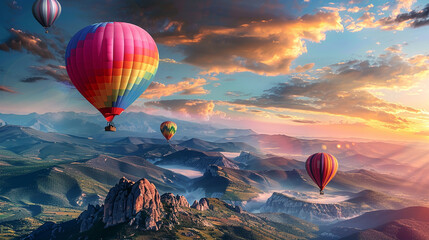 A colorful array of hot air balloons ascending into the sky, their vibrant hues painting a kaleidoscope of colors against the backdrop of distant mountains. - obrazy, fototapety, plakaty