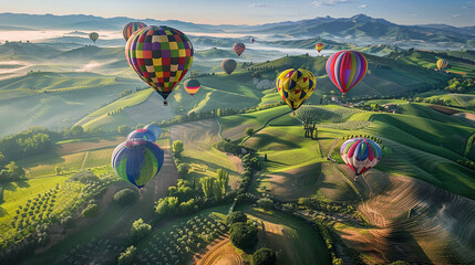 A colorful array of hot air balloons soaring high above a patchwork of farmland, their vibrant hues painting a surreal masterpiece against the backdrop of rolling hills. - Powered by Adobe