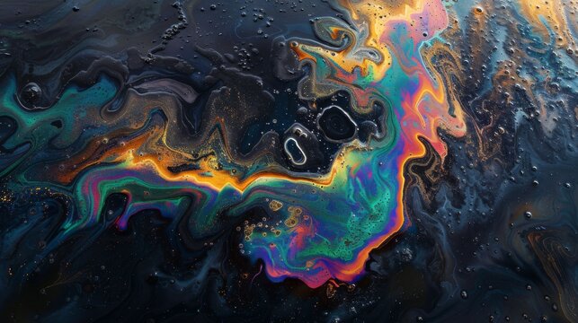 Abstract image of an iridescent oil slick on a wet surface