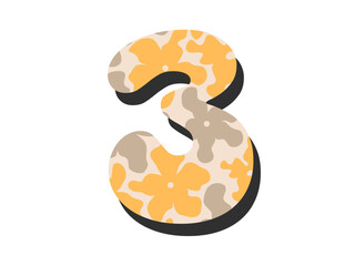 Number 3 on a transparent background.Number three with abstract flowers.Groovy retro trendy style y2k.Numbers for printing for birthday,anniversary celebration.Vector illustration EPS10