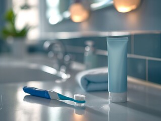Toothbrush and toothpaste on bathroom sink, essential tools for oral care, dental hygiene routine concept