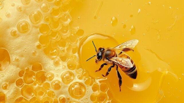 Honey and bee on a yellow background. Honeycomb with honey