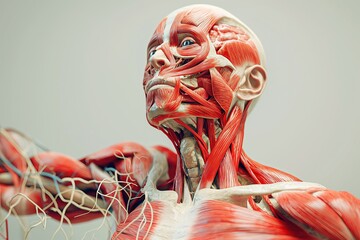 Detailed study of human head musculature and nerve fibers against a neutral background. - obrazy, fototapety, plakaty