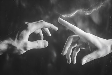Human hands reaching towards each other with energy impulses, black and white photo