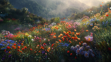 Obraz na płótnie Canvas A colorful array of wildflowers carpeting a rolling meadow, their petals glistening with morning dew in the first light of dawn.