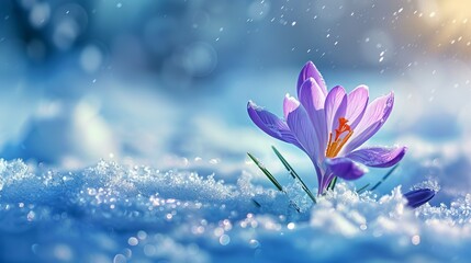 Crocus spring flower Growth In The Snow. ai generated