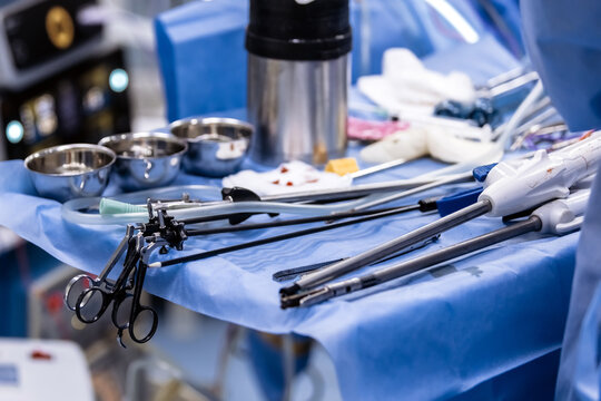 Instrument for laparoscopic surgery. Tools for surgery on the table in the operating room. Concept of modern medical equipment and technologies.