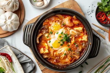 Korean dish with bibimbap noodles in a black deep plate on white background. Ingredients, egg, noodles, enoki mushrooms, vegetables. Top view