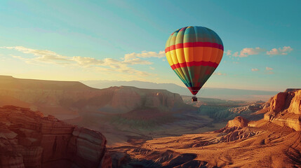 A colorful hot air balloon drifting gracefully across a clear blue sky, its vibrant hues contrasting beautifully with the rugged terrain below. - Powered by Adobe