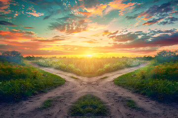 Concept of decision or choice with crossroads in a countryside