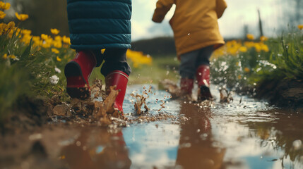 Children in rubber boots paddling through a puddle. - obrazy, fototapety, plakaty