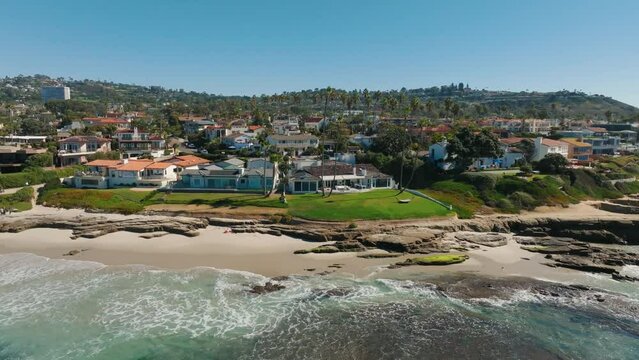 Southern California Coastal Beach Town City. Ocean Front Homes Aerial Drone Footage Laguna, La Jolla, San Clemente