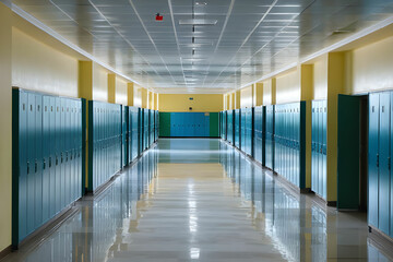 High School hallway corridor in College or university empty hall at classroom, no people student while closed quarantine in situation of Covid-19 disease outbreak result in inability organize learning - obrazy, fototapety, plakaty