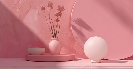 Pink wall adorned with vase filled with colorful flowers. The vase is elegantly displayed on a small table against the wall
