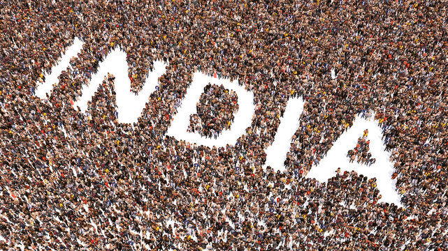 Concept or conceptual large community of people forming the word INDIA. 3d illustration metaphor for culture, history and education, politics, economy and business, travel and adventure