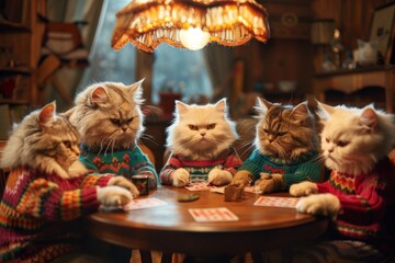 Persian Cats Playing Cards in Cozy Vintage Room

 - obrazy, fototapety, plakaty