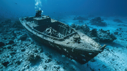 A diver investigates an old shipwreck resting on the seabed, surrounded by marine life