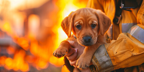 female firefighter holding a rescued puppy in her hands against the backdrop of a burning house copy space International Firefighters' Day