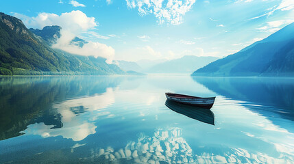 A crystal-clear lake nestled among rolling hills, its surface rippling gently as a lone rowboat...