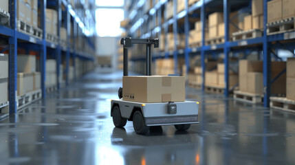 A forklift vehicle maneuvering with a box on its prongs inside a large industrial warehouse, surrounded by shelves and storage units
