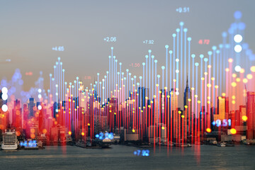 Skyline of New York with financial chart hologram, dusk cityscape background. Double exposure