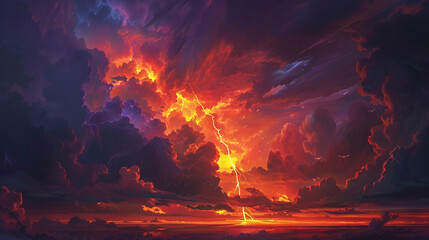 A dramatic thunderstorm brewing on the horizon, its dark clouds illuminated by flashes of lightning against a backdrop of fiery sunset hues.