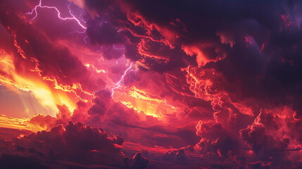 A dramatic thunderstorm brewing on the horizon, its dark clouds illuminated by flashes of lightning against a backdrop of fiery sunset hues. - obrazy, fototapety, plakaty