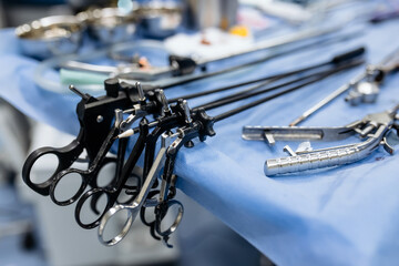 A medical team performs a surgical operation in a modern operating room. Concept of surgical...