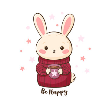 Cute cartoon Rabbit in a warm sweater and a cup of coffee. Greeting Card with Cute Bunny with coffee cup, Be Happy
