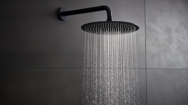 Zoom sur un pommeau de douche allum&eacute;, dans une douche au carrelage gris anthracite. Eau chaude qui coule, jet, goutte d'eau, bu&eacute;e. Salle de bain, salle d'eau. Architecture moderne et contemporain. 