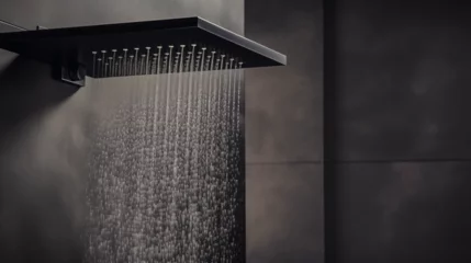 Fototapeten Zoom sur un pommeau de douche allumé, dans une douche au carrelage gris anthracite. Eau chaude qui coule, jet, goutte d'eau, buée. Salle de bain, salle d'eau. Architecture moderne et contemporain.  © FlyStun